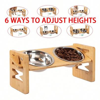 Adjustable Height And Angle Dog Food Feeder With Tilting Function - Elevated Pet Food Dispenser With 2 Stainless Steel Bowls, Non-Slip Bamboo Base, Spill-Proof Design Suitable For Small Dogs & Cats, Sturdy Cedar Wood Construction, Adjustable Height And Angle Promotes Joint Health And Easy To Clean, Ideal Choice For Small Breeds (Beagle, Poodle, Shih Tzu) - Modern Elevated Dog Bowl, Dishwasher- Bowls, Suitable For Cat Owners