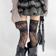 Women'S Sexy Lace Floral Mesh Thigh-High Stockings, Breathable Nylon Over-The-Knee Socks - Đen 2 cái - Xem 1