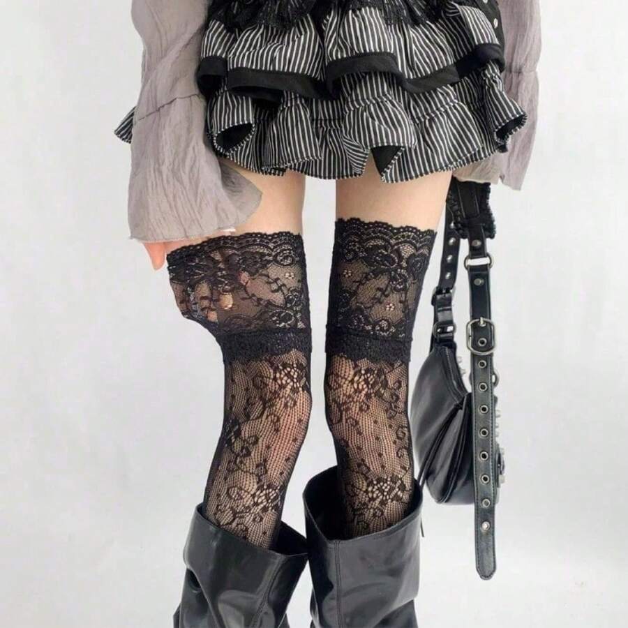 Women'S Sexy Lace Floral Mesh Thigh-High Stockings, Breathable Nylon Over-The-Knee Socks - Đen 2 cái - Xem 1