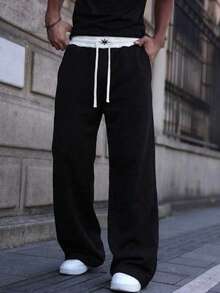 Men's; 1pc Loose Fashion Sports Pants, Belt-Out Colorblock Design. Unisex Wide Leg Pants Casual Minimalist, Waist Drawstring, Large Pockets, Suitable For Watching World Cup, Daily Walking, Work, Travel, Etc. Perfect Gift For Father On Father's Day, July 4th Celebration - Black - View 10