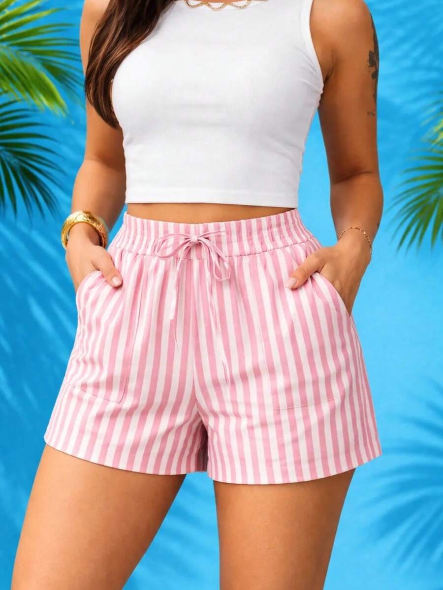 LINEN STRIPED SHORTS - Słodki róż - Zobacz 1