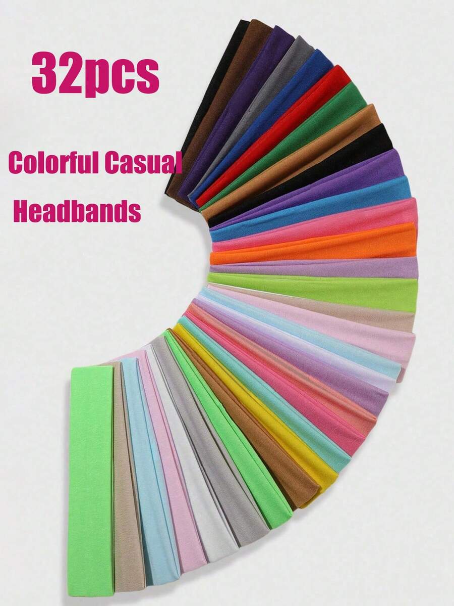 32条彩色休闲发带，适合女孩日常生活和运动，时尚发饰，女士发带，夏季、假日、旅行必备 - 彩色 - 查看 1