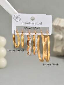 1 Set de Pendientes de Aro de Acero Inoxidable Retro con Micro Diamantes Incrustados en Diseño de Ola, Uso Versátil Diario para Mujeres - multicolor - Ver 4