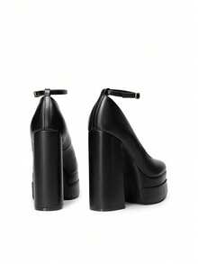 Women's High Chunky Platform Square Toe Heels Pumps Closed Toe Block Ankle Strap Solid Color Dress Fashion Party Y2K Shoes For Fall And WInter - màu đen - Xem 5