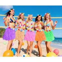 Set de 5 piezas Conjunto de disfraz de falda de hierba con de flores hawaianas, traje para celebración de festivales, actuación en el escenario, evento escolar, ensayo de baile en grupo grande (elástico), para disfraz de verano - Multicolor - Ver 2