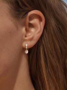 1对14k镀金CZ珍珠新娘耳环，低过敏镀金耳环，优雅新娘珍珠首饰，女士款 - 金色 - 查看 3