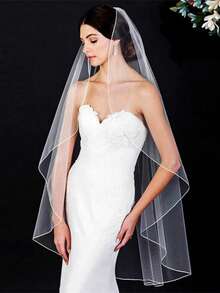 1pc Minimalist Pencil Edge Single Layer Sheer White Bridal Veil - White - View 2