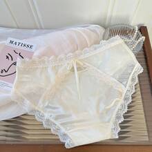 Sultry Moonlight* Sexy Satin Lace Panties For Women, Mid-Waist Hollowed-Out Pure Desire Breathable Cotton Crotch Triangle Briefs For Women - 杏色 - 查看 9