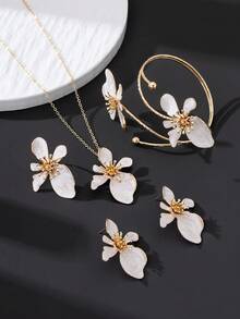 1 Peça Conjunto de Joias Femininas Estilo Férias de Verão na Praia, Colar com Pingente de Flor Assimétrica Feito à Mão com Gotejamento de Óleo Branco, 1 Par de Brincos, 1 Peça Anel, 1 Peça Pulseira - Branco - Visão 3