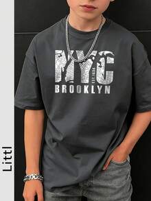 Camiseta de manga corta con cuello redondo y estampado informal para niños preadolescentes, top de verano - Gris Oscuro - Ver 1