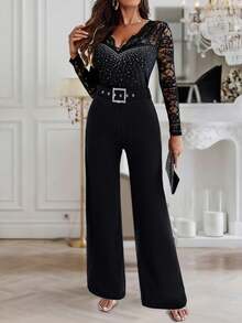 ChicMe Women's Rhinestone Shell Trim Deep V-Neck Lace Patchwork Jumpsuit, High Waist Zipper Back Straight Leg, Elegant Party Cocktail Dress Spring - Black - View 5
