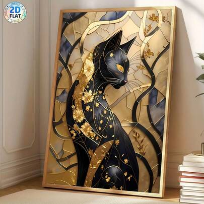 1幅金色釉面猫咪玻璃猫帆布印刷海报，现代墙面艺术装饰画，适用于咖啡馆、家居、卧室、客厅、厨房、浴室、办公室、家居装饰、房屋装饰、卧室装饰、墙面装饰，是送给朋友的理想之选。