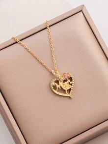 1pc Letter "Mama/Mom" Heart Pendant Necklace, Gold Color With Rhinestones, Fashion Women Necklace, Mother's Day/Holiday Gift - Style 2 - View 6