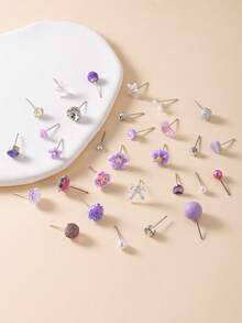 30pcs/Set Delicate Earring Set, Cute & Fashionable Bowknot, Flower, Heart Shaped Metal & Faux Pearl Rhinestone Elements, Versatile Daily Wear Minimalist Earrings For Women - Multicolor - View 2