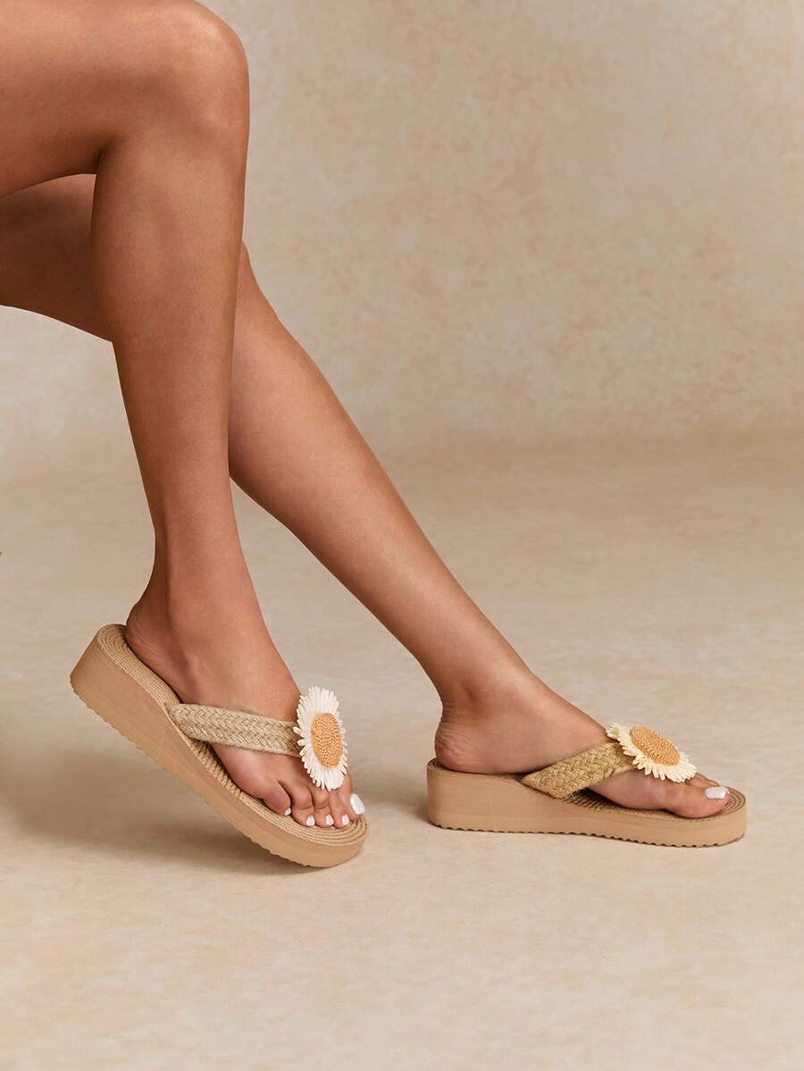 Tropiscape Women's Thick-Soled Wedge And High-Heeled Rope Slippers With Stair-Like Woven Grass Bottom, For Holiday And Island Travel - Beige - View 1