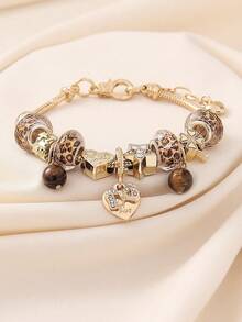 1 pieza Pulsera DIY con colgante de corazón con cuentas, cactus y piña con estampado de leopardo salvaje sexy, adecuada para uso diario casual, fiesta y discoteca de mujeres - Multicolor - Ver 3