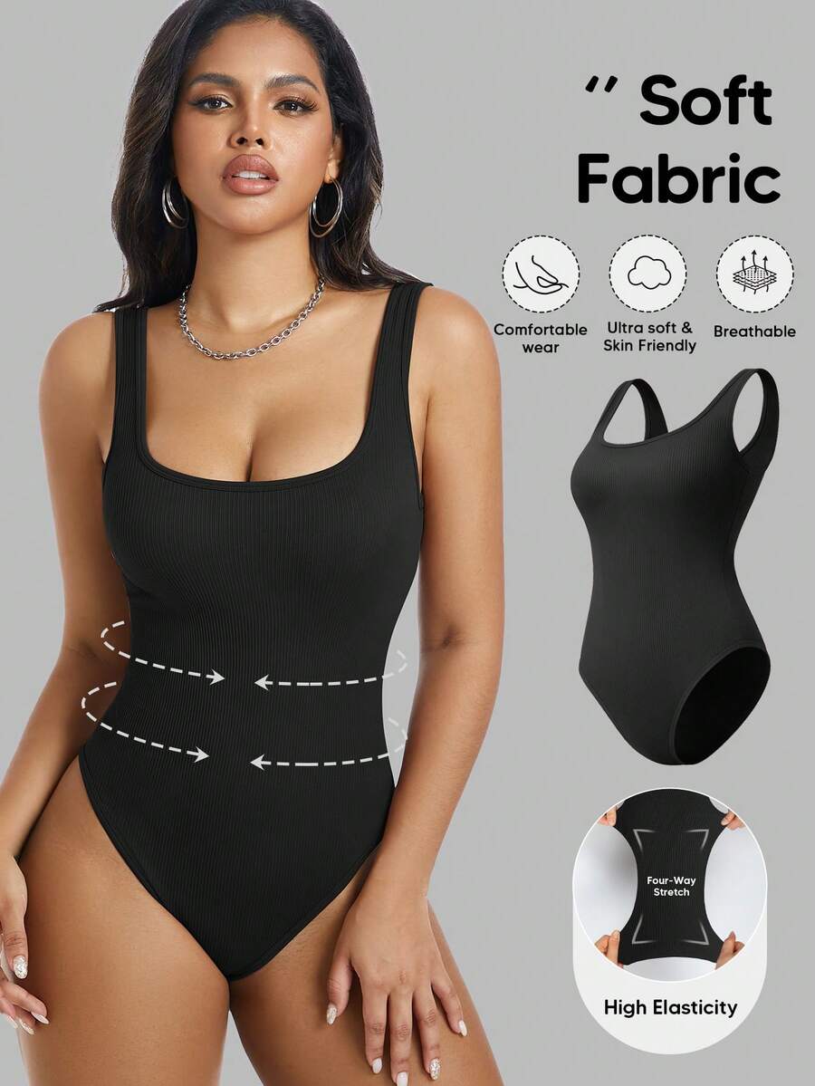 纯色针织无缝塑身连体衣 黑色 夏季优雅 - 黑色 - 查看 1