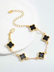 1 Summer Casual Elegant Black Metal Flower And Clover Pendant Ankle, Suitable For Vacations, Parties, Dates, Gifts, Daily Wear - Black - View 2