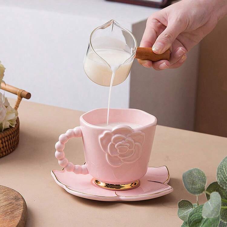 Creative White, Pink, Blue Camellia Ceramic Coffee Cup & Saucer Set, Solid Color Afternoon Tea Cup & Saucer Set, Gift - Multicolor - View 4