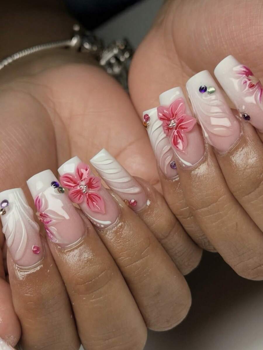 10pcs Handmade 3D Floral Wave Nail Stickers, Realistic Nail Art Decals For Daily Wear, Women & Girls - trắng - Xem 1