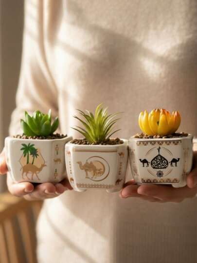 1个/6个装多肉植物盆，3.15英寸陶瓷花盆，沙漠和骆驼图案，小型仙人掌花盆，带排水孔，适用于室内植物、家居办公室装饰、花园花盆/植物盆（不含植物）