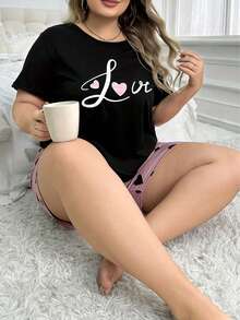 Bộ đồ ngủ 2 món in chữ tối giản, áo tay ngắn và quần short, đồ mặc nhà thoải mái thường ngày dành cho phụ nữ cỡ lớn, màu hồng. - màu đen - Xem 4