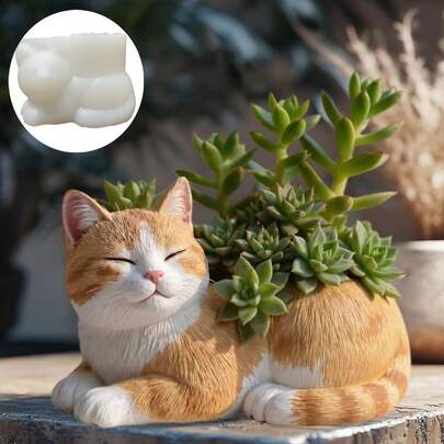 1 pieza Molde de silicona de resina en forma de maceta de gato, molde decorativo para maceta de planta, molde de yeso, molde de cemento, molde de concreto