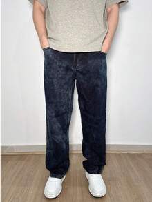 Baggy Jeans, Wide-Leg Balloon Pants, Straight Cut, Carpenter Style, Unisex - 藏蓝色 - 查看 3