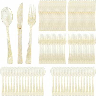 一套金色闪光蛋糕/沙拉勺/叉/刀，可重复使用且可清洗，适合派对、户外活动、家庭聚会、婚礼、节日等场合，蛋糕和沙拉餐具套装