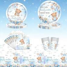 This 50/51-Piece Blue Teddy Bear Disposable Tableware Set Includes 10 Dinner Plates, 10 Dessert Plates, 10 Paper Cups, 20 Napkins, And 1 Tablecloth. This Convenient Tableware Set Is Perfect For Camping, Picnics, Garden BBQs, Baby Showers, Weddings, And Birthday Parties. - Multicolor - View 7