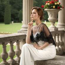 1pc Black Mesh Lace Trim Floor-Length Shawl, Gothic Style Bridal Wedding Dress Cloak Outerwear - Black - View 9