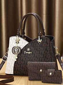 今年流行的母女三件套包包，经典大容量女士休闲手提包，高端优雅女士提花手提包 - 棕色 - 查看 11