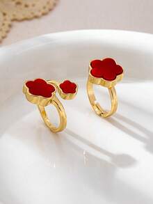2pcs Fashionable Elegant Luxury High-End Classic Red Clover Ring Set, Suitable For Women, Flexible Stacking/Mixing - Red - View 3