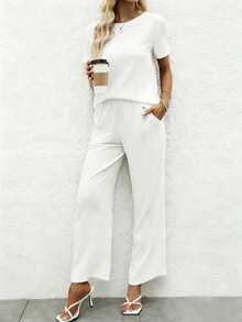 Conjunto de 3 piezas de top de manga corta de cuello redondo y pantalones rectos de pierna ancha con bolsillo y cintura elástica, de tela de poliéster ligera y no transparente, para primavera/verano/otoño - Blanco - Ver 3