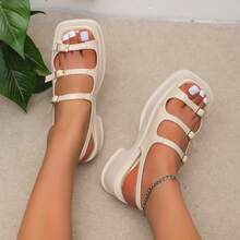 Sandalias de plataforma con tiras y punta abierta de estilo retro para mujer, sandalias de cuña, atuendos de verano - Beis - Ver 5
