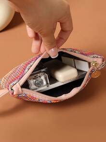 粉紫色波浪纹编织草编手拿包，夏季沙滩腕包，女士时尚手提包，拉链封口 - 彩色 - 查看 6