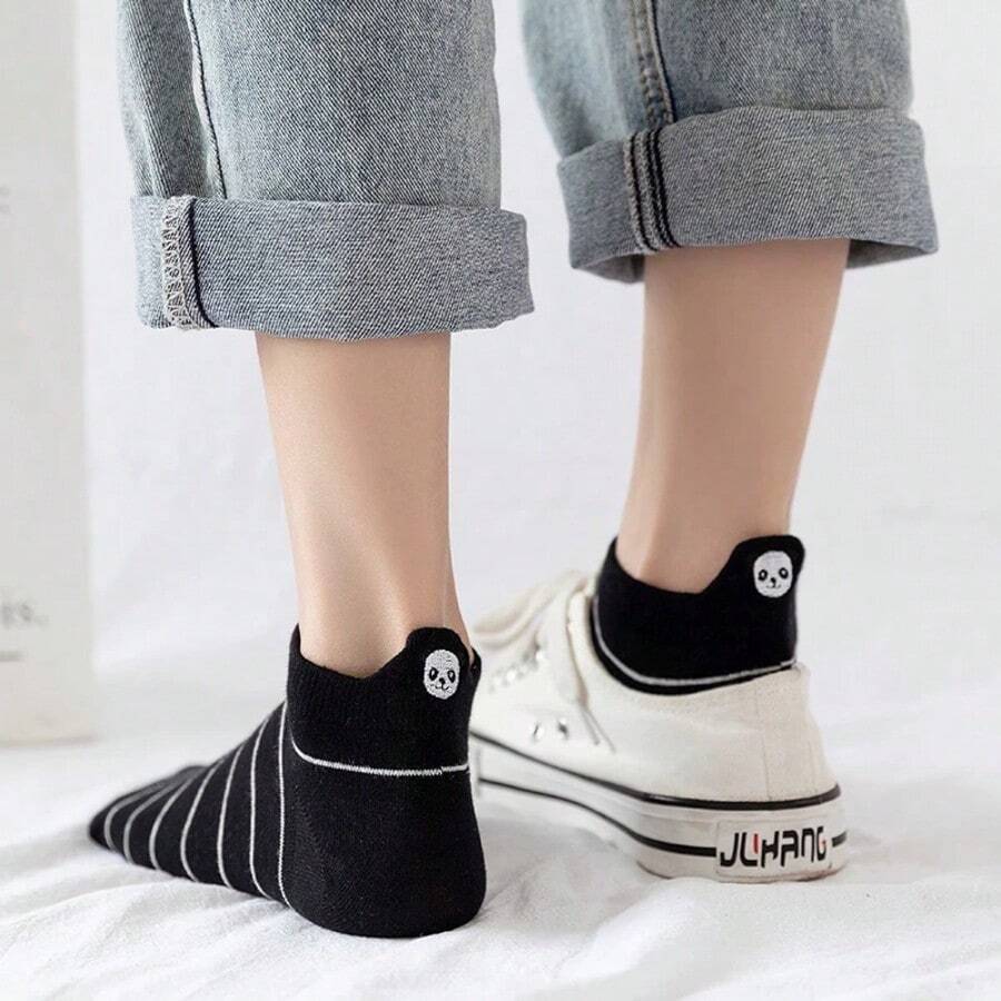 New Panda Embroidered Ankle Socks, Thin Cotton Cute Cartoon Black & White Low-Cut Boat Socks - Multicolor - View 1