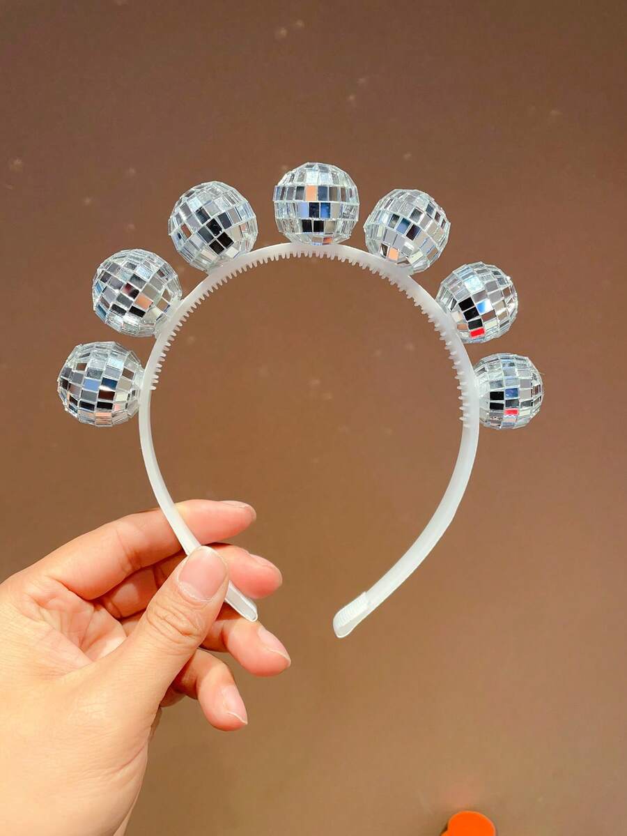 1pc Mirror Ball Headband, Disco Party Reflective Ball Headpiece - Silver - View 1