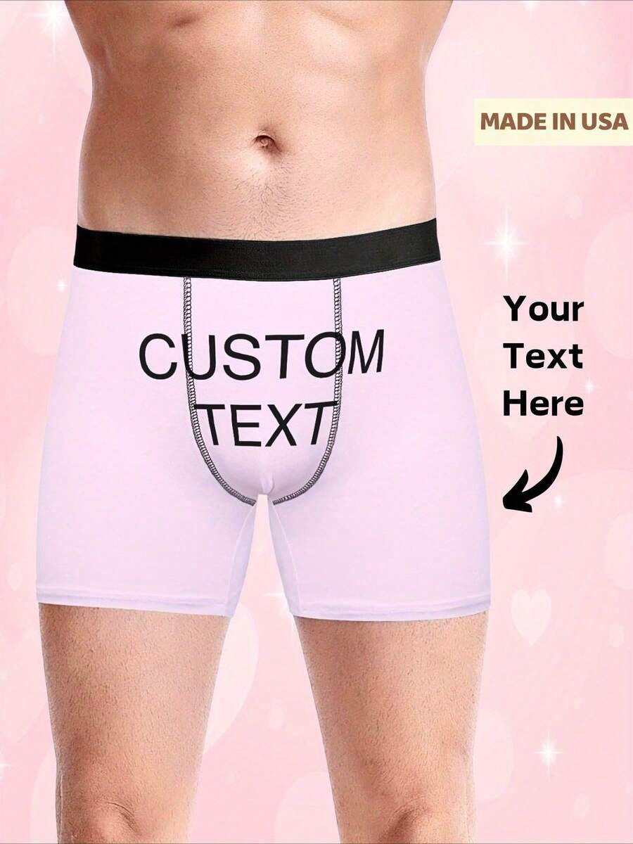 Customized Square Underwear Text, Men's Underwear, Comfortable And Breathable, Fashionable And Interesting, Machine Washable, Gifts For Boyfriends And Husbands, Valentine's Day, Christmas, Anniversaries, Novelty Underwear - 粉紅色 - 查看 1