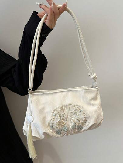 Fashionable Solid Color Pleated Cloud Shoulder Bag, Embroidered Tassel Shoulder Bag, Suitable For Shopping, Wallet Carrying, Casual Outings, Especially Suitable For Young Women, College Students, Career Starters, And White-Collar Professionals. Also Very Suitable For Office, University, Work, Business, Commuting, Outdoor, Travel And Picnic Occasions.