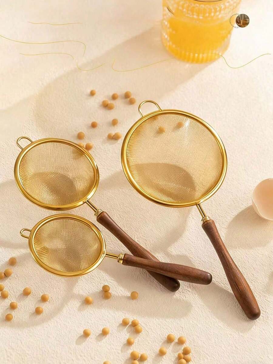 Colador de mango de madera, colador de cocina de malla fina para harina, leche de soja, espumar residuos de aceite, colador multiusos para el hogar - Marrón Mocha - Ver 1