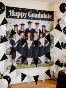 4面黑白毕业旗帜，简约黑白三角形图案旗帜，适用于各种主题派对、日常生日聚会、家庭聚会、同学聚会等。 - 拉旗 - 查看 5