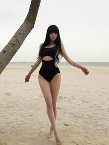 Women's Bikini One-Piece Swimsuit Vacation, Tummy Control Hollow-Out High-End Hot Spring Wear - màu đen - Xem 6