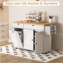 ONBRILL White 60" Kitchen Island With Drop Leaf, Rolling Kitchen On Wheels With Trash Storage Cabinet, Home Bar Islands Table With Spice Rack, Kitchen Island Cart With Towel Rack,  Mobile Island Table For Kitchen - 白色 - 查看 3