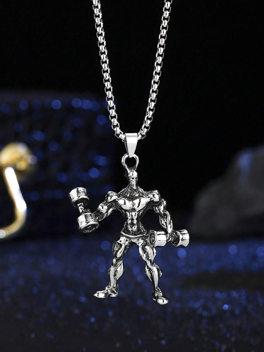 1件欧美时尚3D举重肌肉男吊坠朋克项链，适合男士日常佩戴 - 銀色 - 查看 1