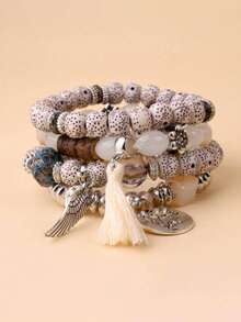 4pcs New Bohemian Bracelets, Creative Multilayer Beaded Tassel Bracelets, Fashion Jewelry For Women - Grey - View 1
