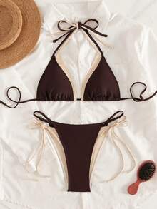 Bikini de dos piezas con escote halter y copa triangular, edición de junio de la serie Sunshine Girl 2026 para mujer, color beige y contraste. Traje de baño de vacaciones. - Blanco - Ver 9