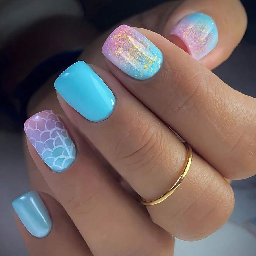24pcs Short Square Press On Nails Blue Gradual Change Style Fake Nails Glossy Artificial Finger Manicure False Nails - Chuyển sắc xanh lam - Xem 1