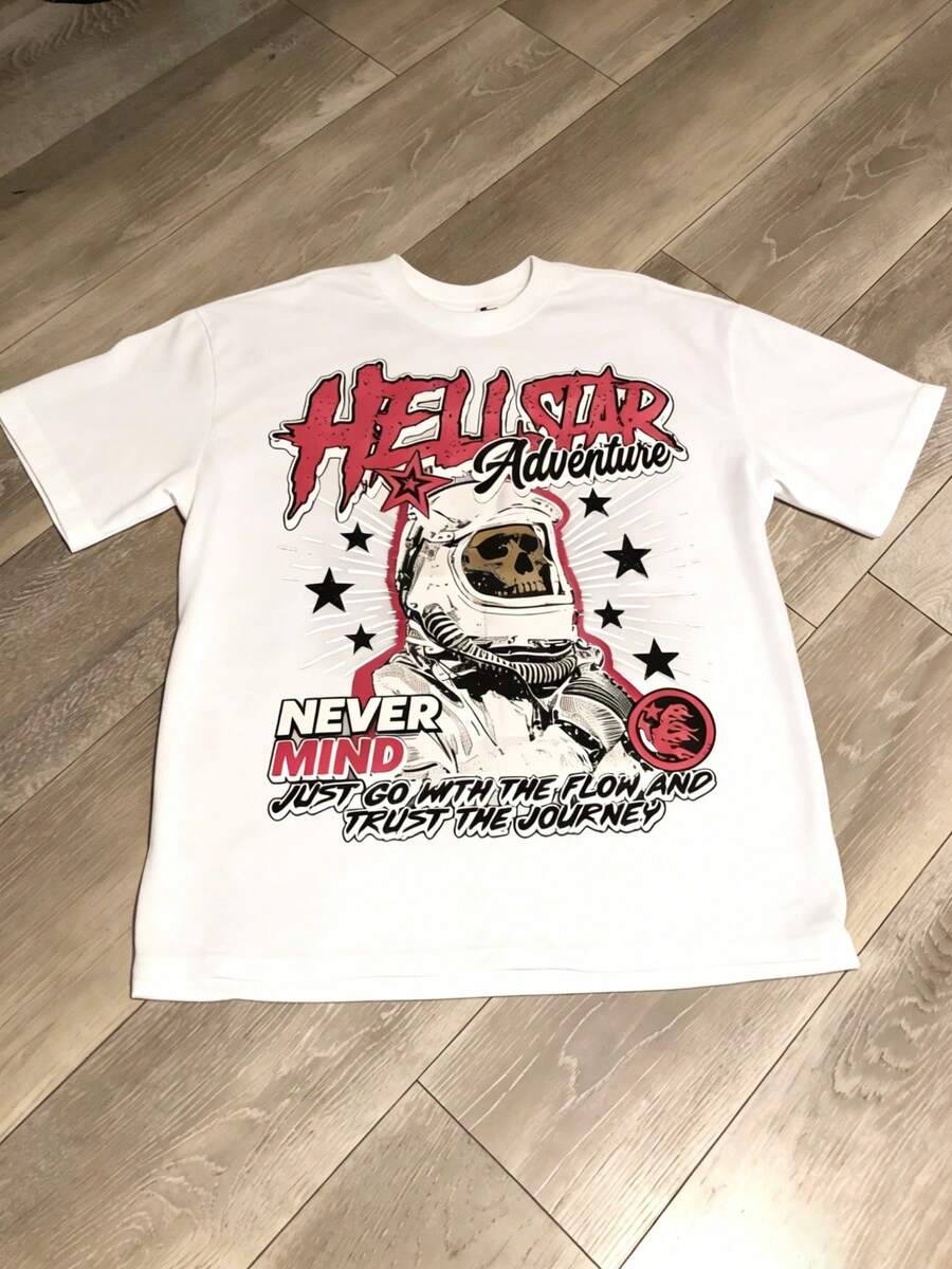Astronaut Skull Hellstars Adventure Y2K Graphic T-Shirt, 220g 100% Cotton, Round Neck Short Sleeve, White Streetwear Essential For Summer Going Out, Unisex Style - White - View 1
