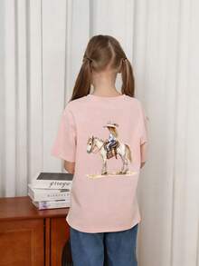女童休闲趣味印花圆领短袖T恤，夏季上衣 - 粉色 - 查看 2